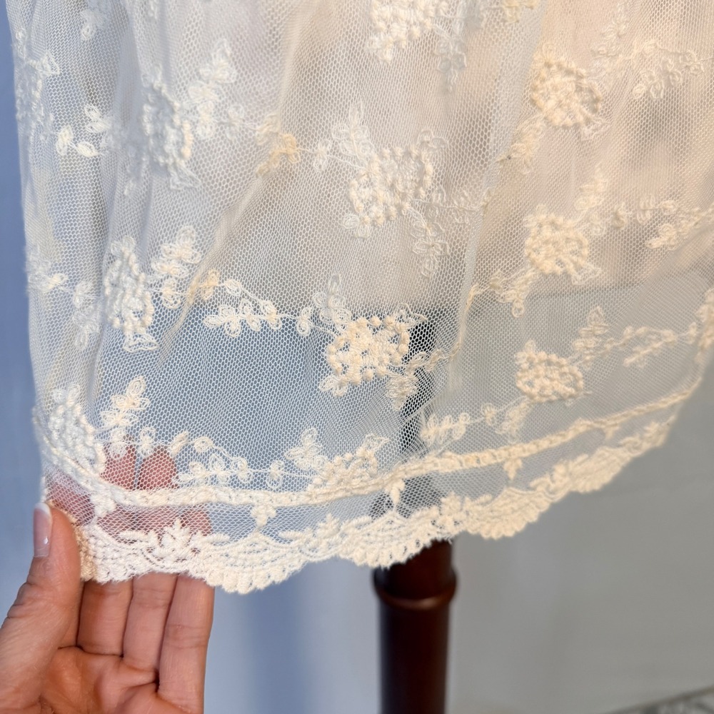 Cream Floral Lace Sheer Blouse Fairy Cottage Whimsy Square Neck Mesh Top - Picture 3 of 9